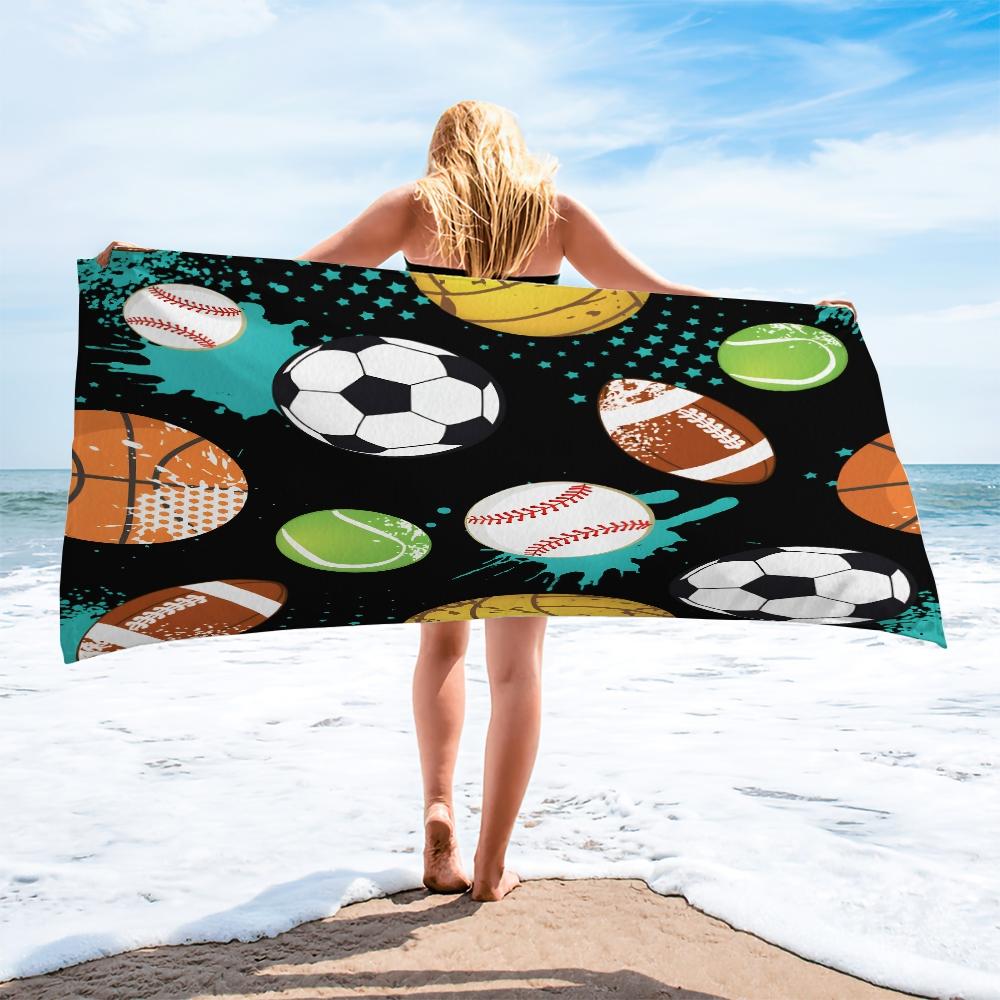 Graffiti Style Sports Ball Pattern Beach Towel, Lightweight Soft Microfiber Towel, Sand Resistant Quick Dry Bath Towel for Beach Travel Gym, Cool Sports Themed Summer Towel