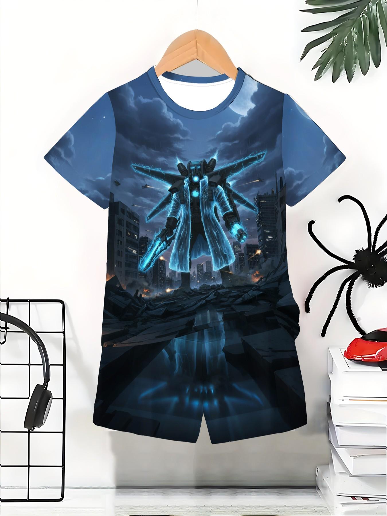 Boys' 3D Short Sleeve Set, Futuristic Skibidi Toilet Print, Perfect for Outdoor Activities, Ideal Gift for Holidays and Birthdays