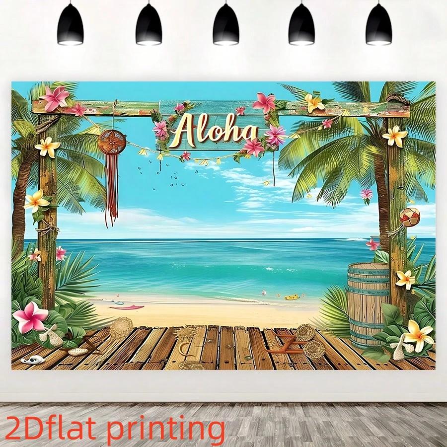 2D Flat Aloha Hawaii Beach Decorative Backdrop 1 Pack Polyester Material Tropical Palm Flower Seaside Party Banner Summer Beach Themed Photo Hanging Cloth Luau Party Atmosphere Curtain Reusable Waterproof Decorative Supplies