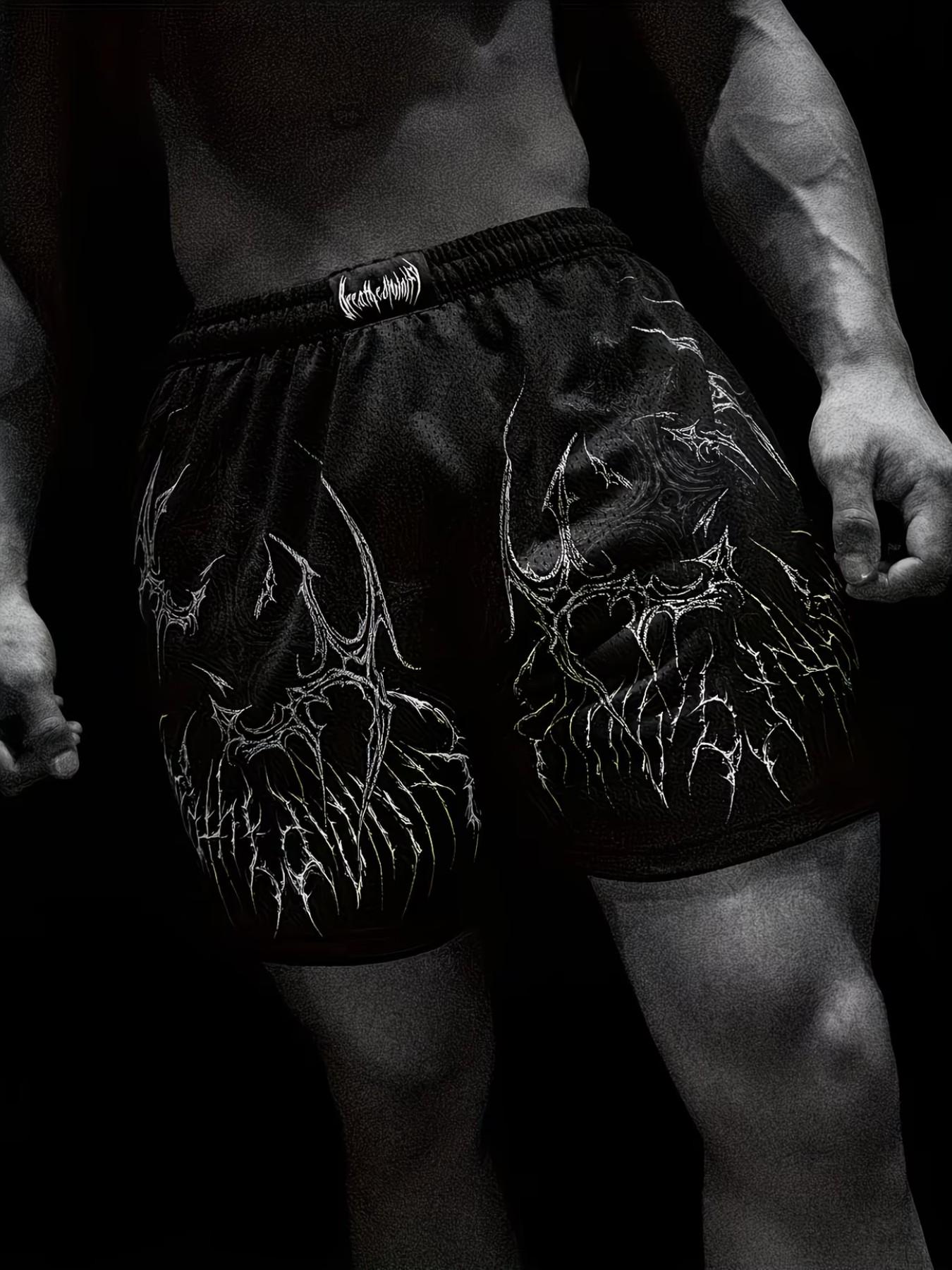 Men's Gothic Thorn Print Sport Shorts, Loose Comfortable Breathable Half-Length Pants, Cool Fitness Running Beachwear