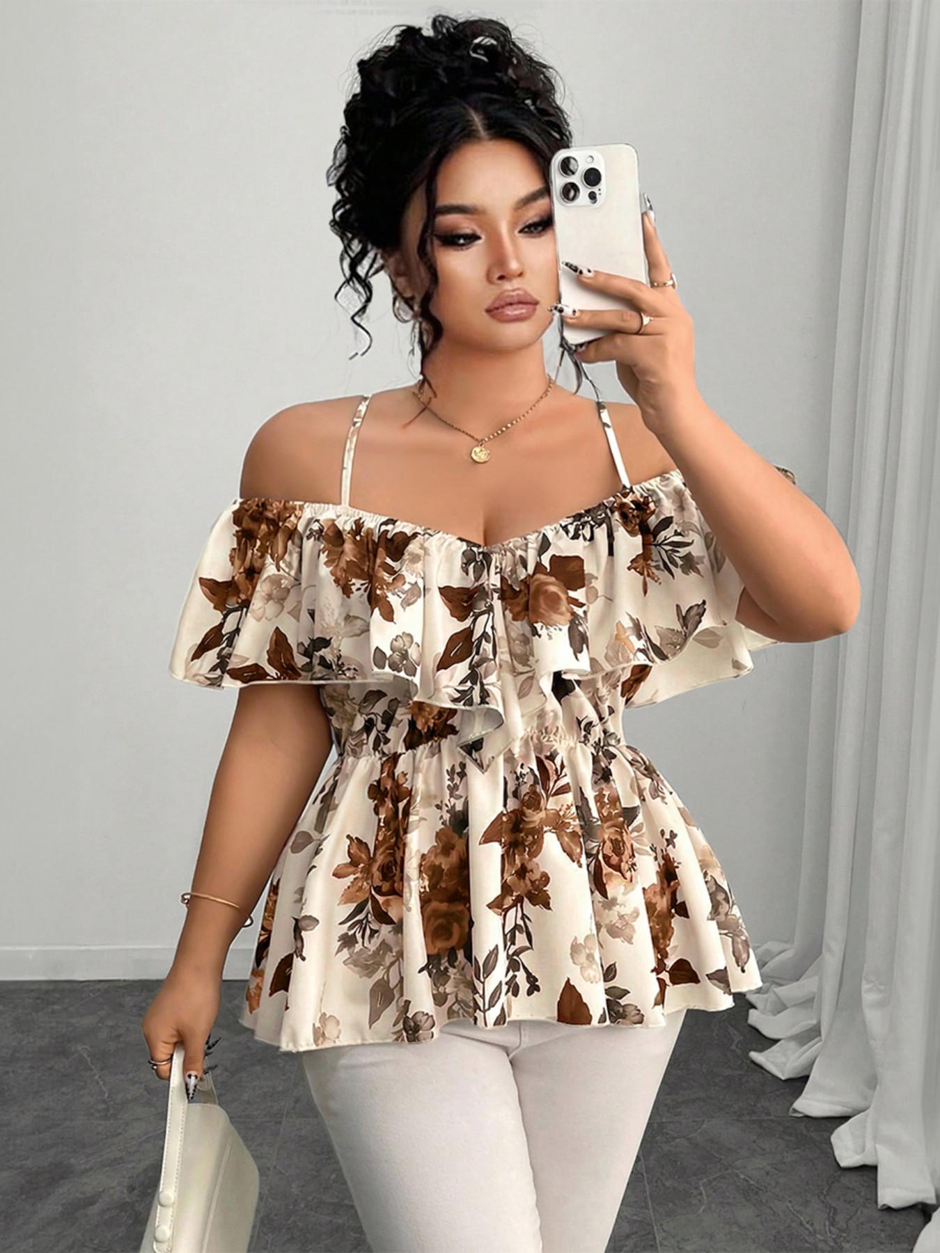 Elegant Chic Casual Bohemian Ruffle Halter Top, A-Line Hem Blouse for Spring & Summer, Plus Size Fashion Shirt for Women, Fit