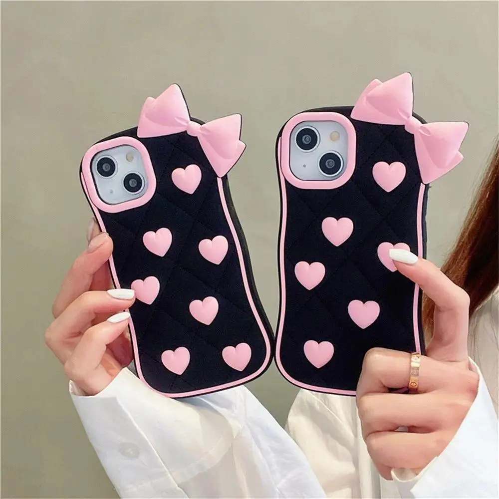 3D Black Love Bow Phone Case for iPhone 16 15 14 13 promax 12 Pro 11 X Xs Max 7 8 Plus 6 6s Cartoon Cute Soft Silicone Cover