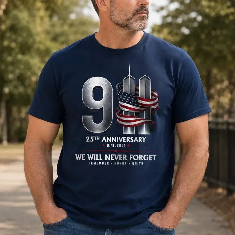 9/11 25th Anniversary Memorial T-Shirt, Patriotic American Flag Tribute Tee, September 11 Shirt, Memorial Tee, Never Forget Patriot Day Gift