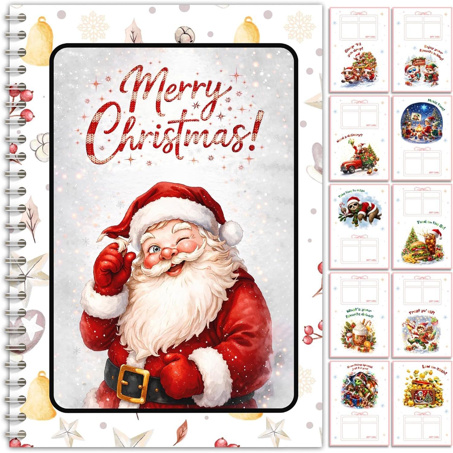 Christmas Gift Card Book, Santa Theme Spiral Binding Gift Card Album, Decorative Inner Pages, Christmas Gift Book with Card Holder, Perfect for Holidays and Parties