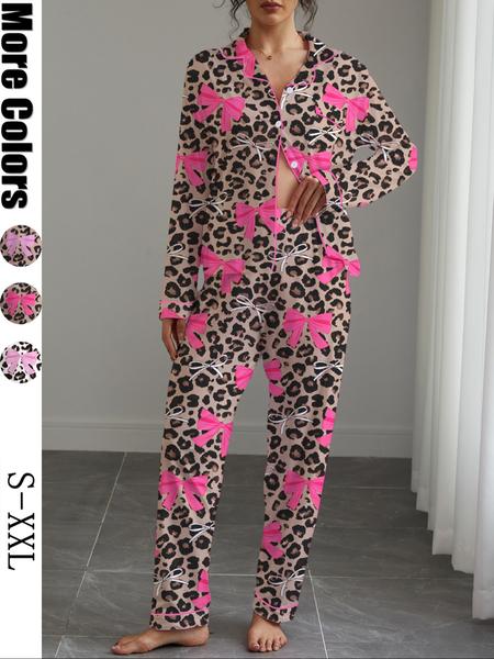 Women's Autumn Winter Pajama Set, Cute Bowknot Print, Holiday Party Sleepwear, Shirt Collar Button Long Sleeve Top & Elastic Pants, Pajamas For Adults