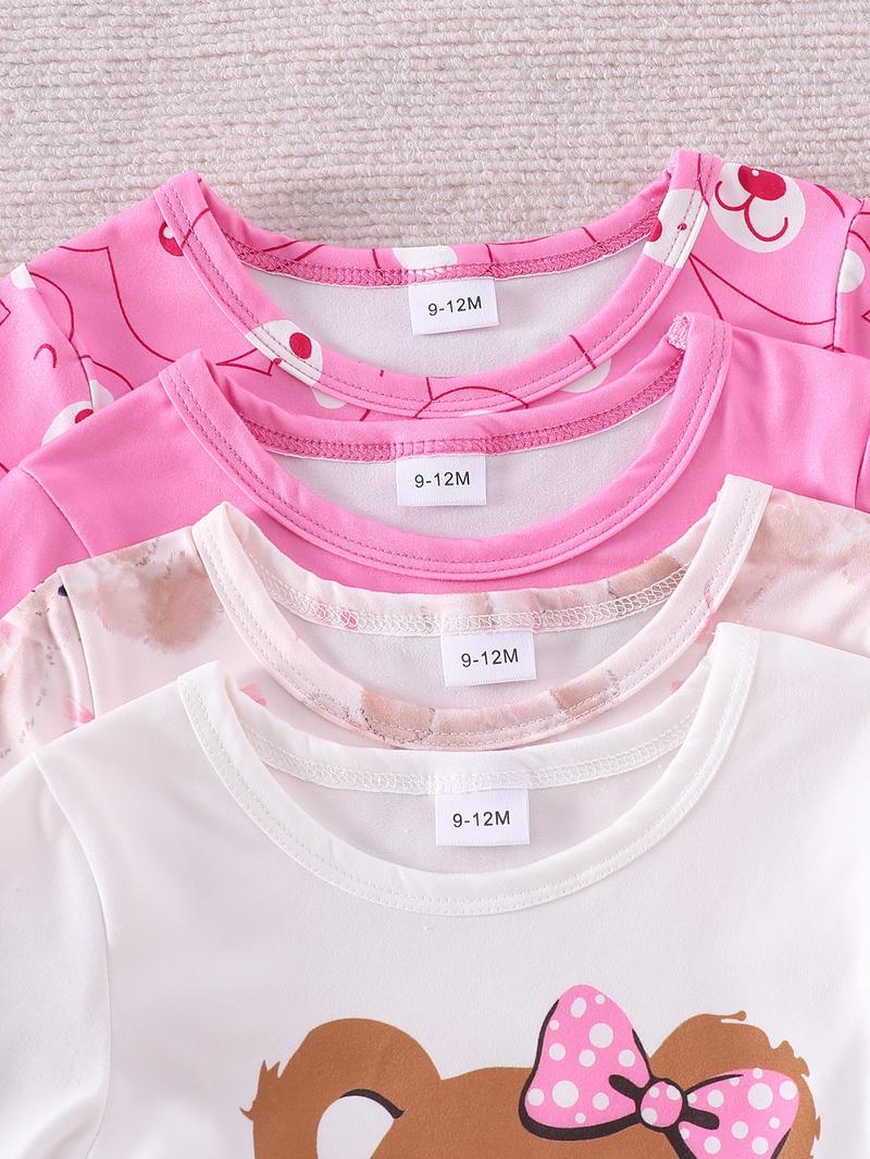 Baby Girls' Soft Comfortable Cartoon Bear & Bow Print Long Sleeve Onesies Set, Cute Sweet Fitted Above the Knee, 4 Pieces Baby Clothes Girl Spring Summer Fall Winter