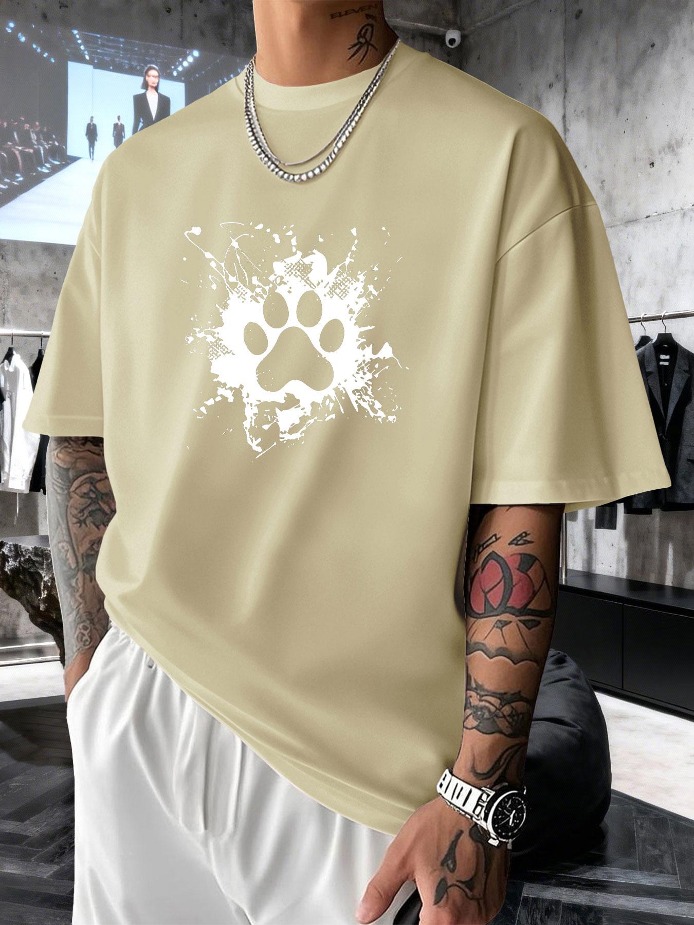 Men's Short Sleeve T-Shirt Summer, Dog Paw Cat Paw Ink Creative Print, Heart Healing Style, Loose Fit Drop Shoulder Top