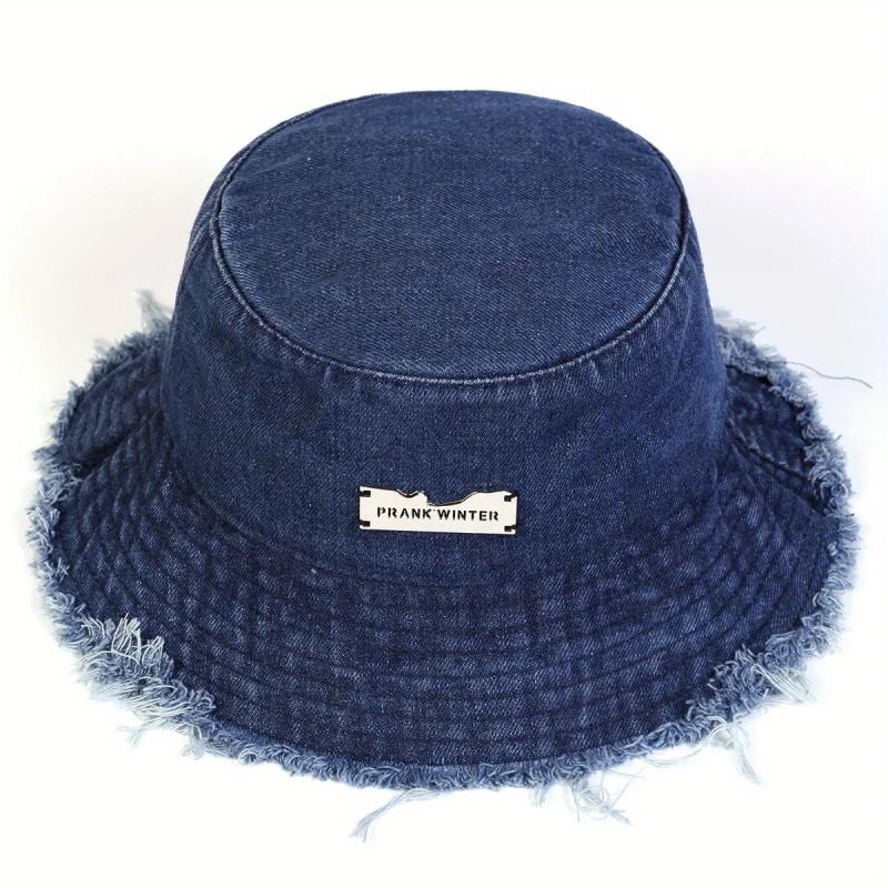 Unisex Letter Logo Vintage Edge Holes Denim Bucket Hat Outdoor Sunscreen Leisure Hat Spring Autumn Travel Tourism Beach Vacation