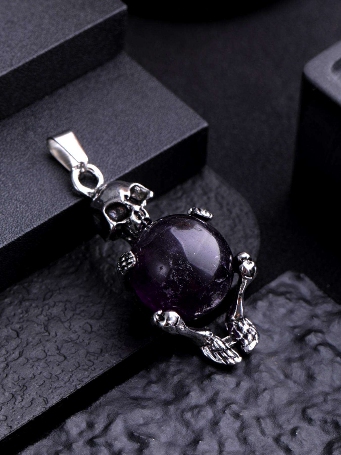 Natural Amethyst Round Bead Pendant Necklace, Bold Skull Design, Unique Fashion Accessory, Trendy European Style Jewelry