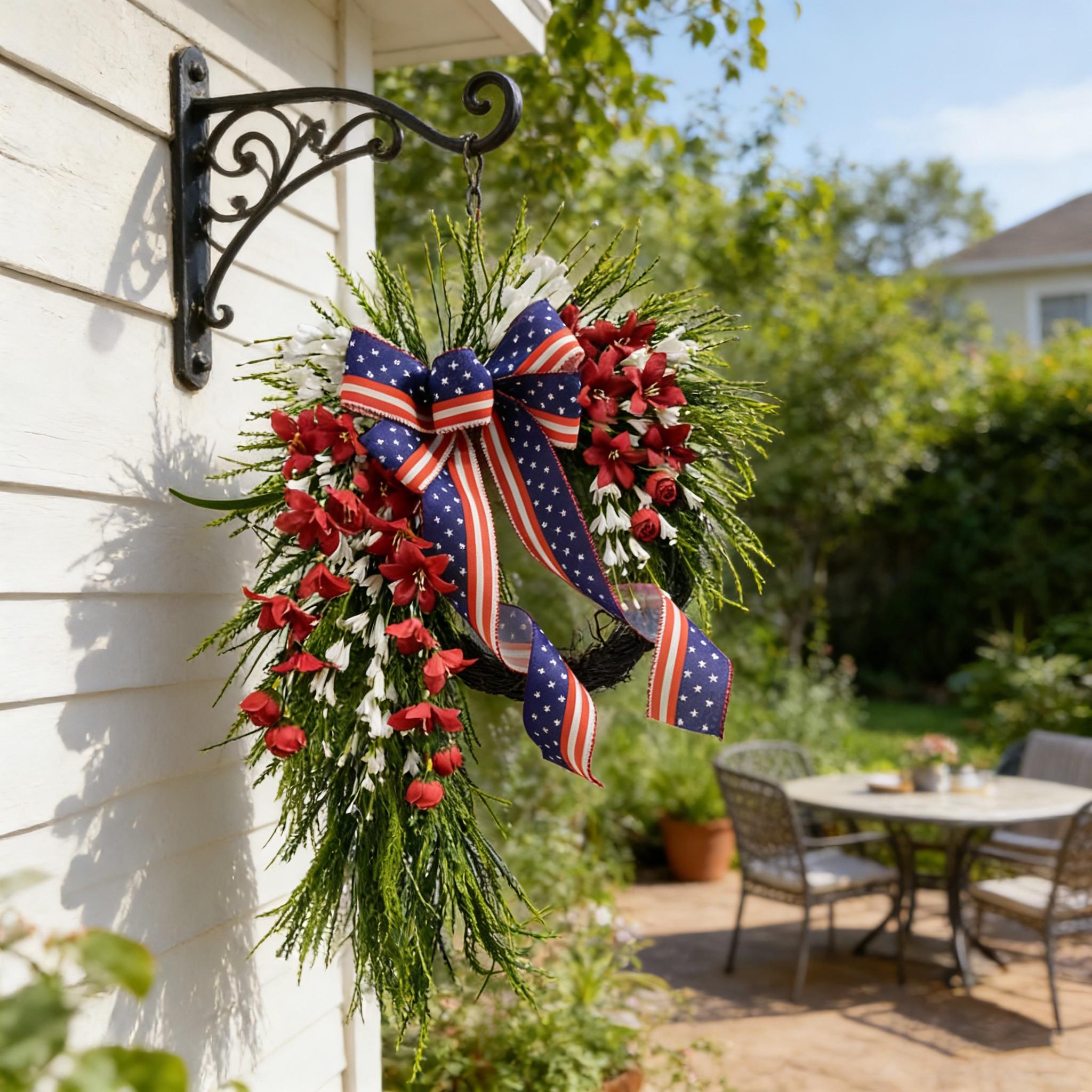 Elegant Patriotic Water Drop Wreath, Floral Accents, Star Spangled Bow, Memorial Day & Veterans Day Door Decor