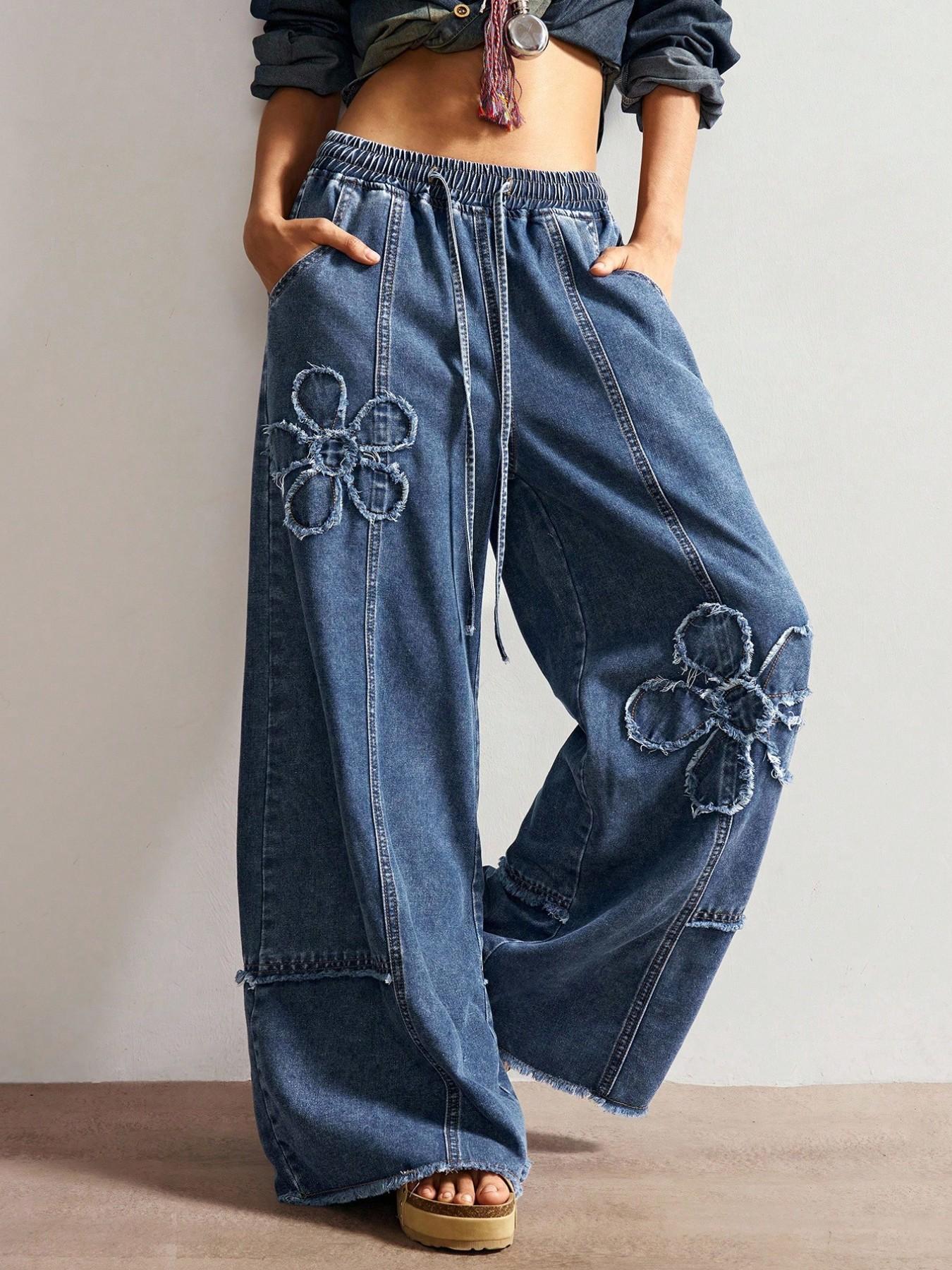Boho Style Women's Casual Solid Wide Leg Jeans, Loose Fit Denim Jeans with Embroidery Pattern, Comfortable and Stylish Everyday Wear