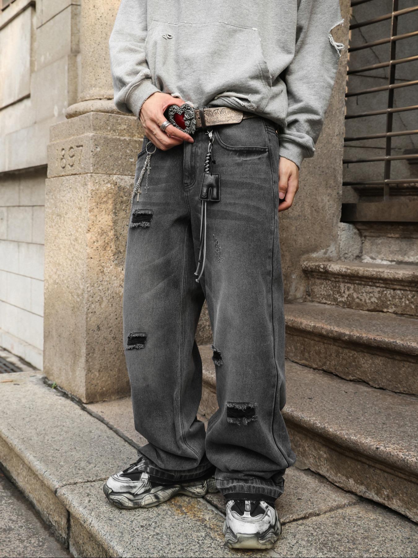 Men's Washed Loose Fit Jeans, Distressed Straight Leg Denim Jeans, Y2K Vintage Street Style, All Seasons, Perfect Gift for Boyfriend/husband, Streetwear