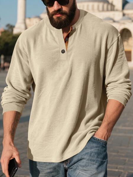 Men's Corduroy Long Sleeve Henley Shirt, Vintage Casual Loose Fit Top, Soft Comfortable Fabric for Spring & Fall Fashion