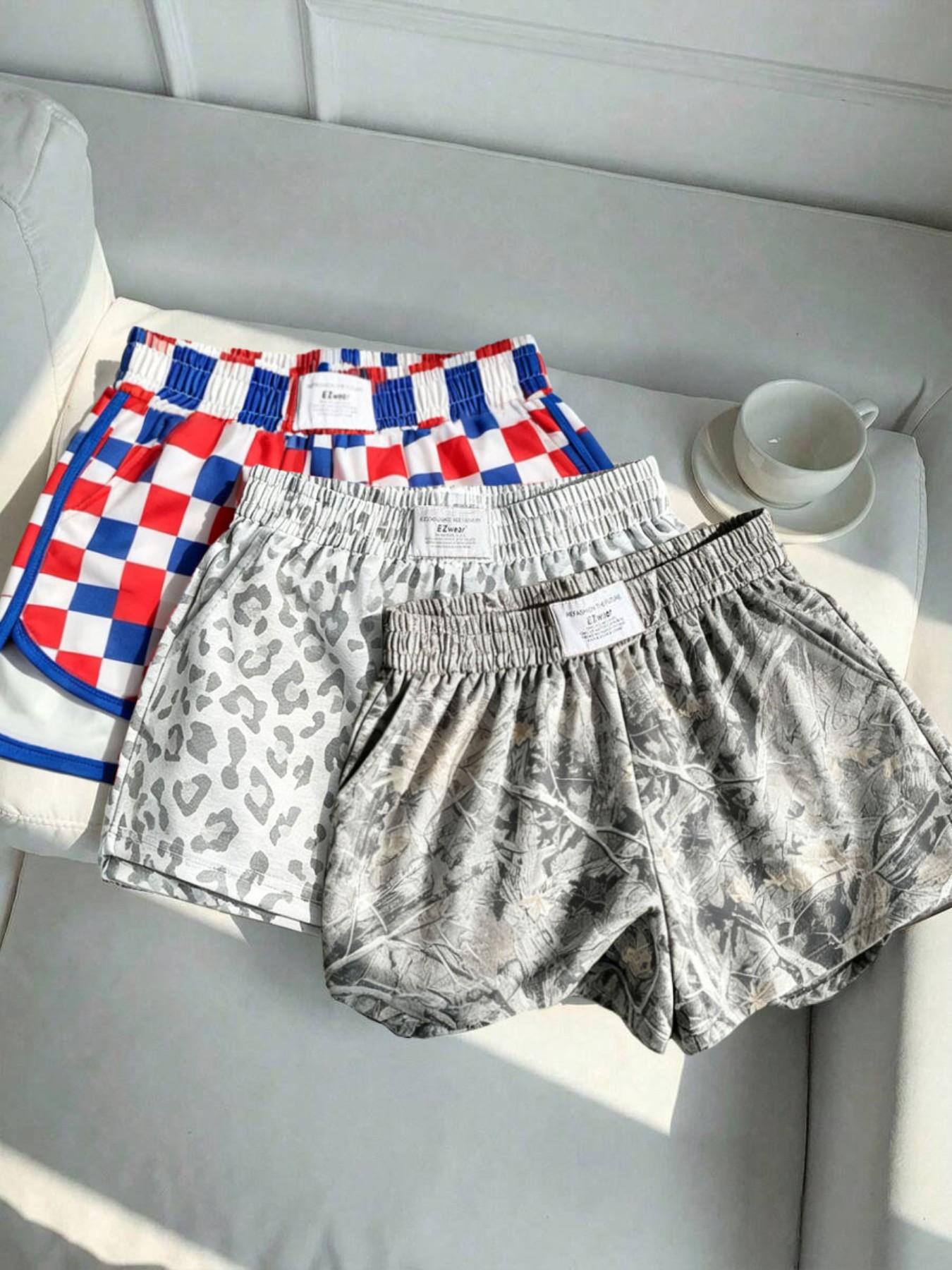 Women's Summer Leopard and Plaid Print Athleisure Casual Shorts, Comfortable Loose-Fit Athletic Bottoms for Yoga and Daily Activities