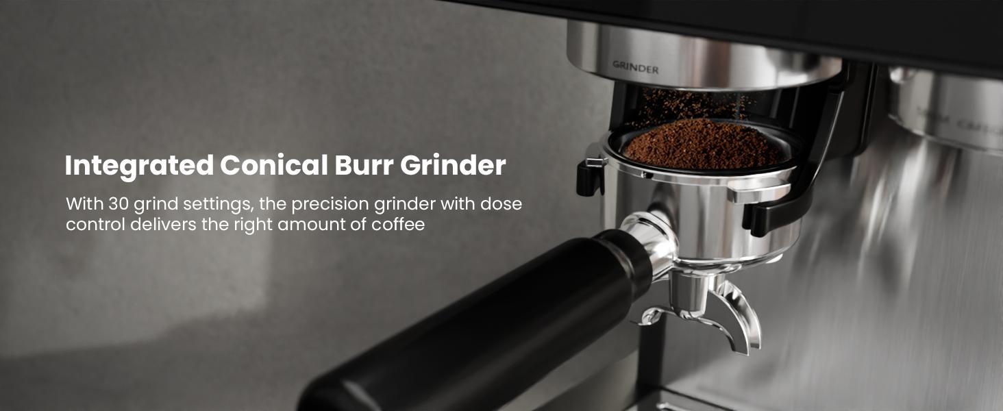 20-Bar Professional At-Home Espresso Machine with Coffee Grinder, 12+Cup Capacity, Removable Water Tank, Automatic Milk Frother, Timer, Descaling Function, 1500W Motor, US Plug - For Latte, 12 Cups & Above