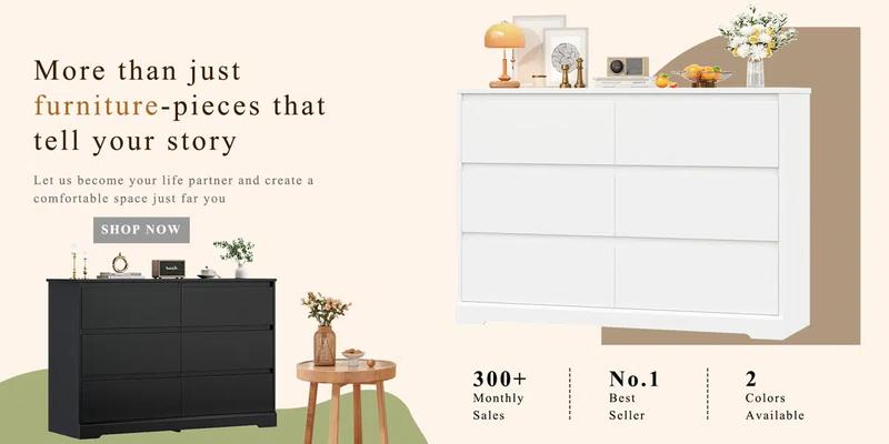 FOTOSOK White Dresser, 6 Drawer Double Dresser, Modern Dresser for Closet, Nursery Dresser for Baby, 47.2'' Wood Storage Side Cabinet Chest of Drawer for Bedroom Living Room