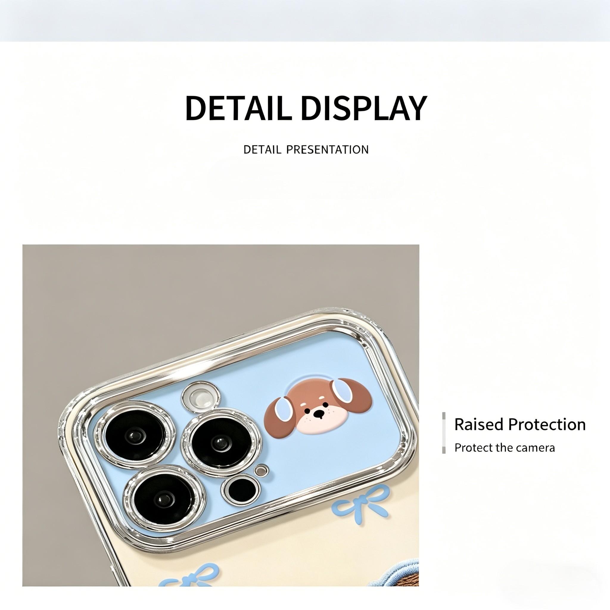 Cute Embroidered Dachshund Phone Case for iPhone 17 Pro Max/17 Pro/17 Air/17, Electroplated Silicone Shockproof Cover with Bling Wrist Strap, Blue Puppy Bowknot Design Protective Case for Women Girls