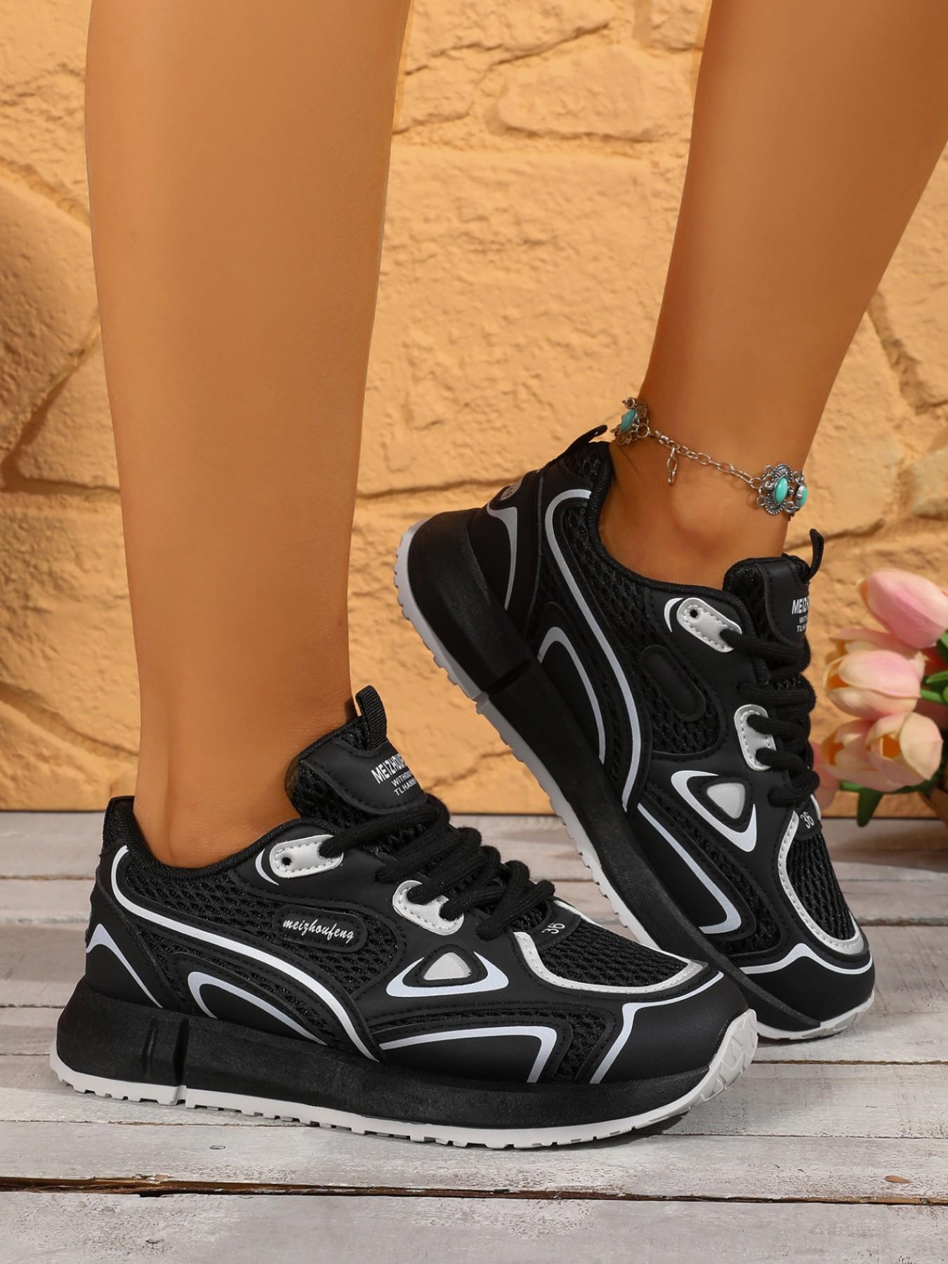 Breathable Mesh Line Spliced Chunky Dad Shoes, Lace Up Lightweight Cushion Sneakers, Techwear Daily Outdoor Women Casual Footwear