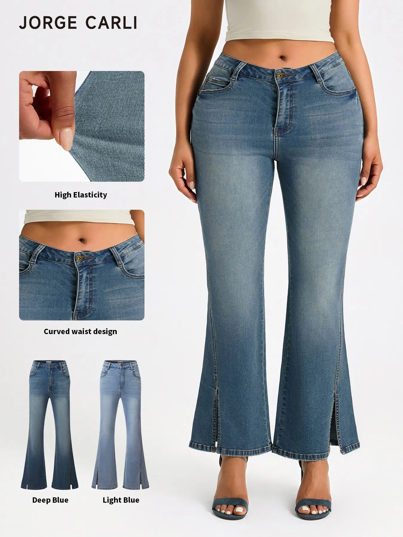 JORGE CARLI  High Waist Split Hem Flare Jeans Women Stretch Light Wash Bootcut Denim Pants