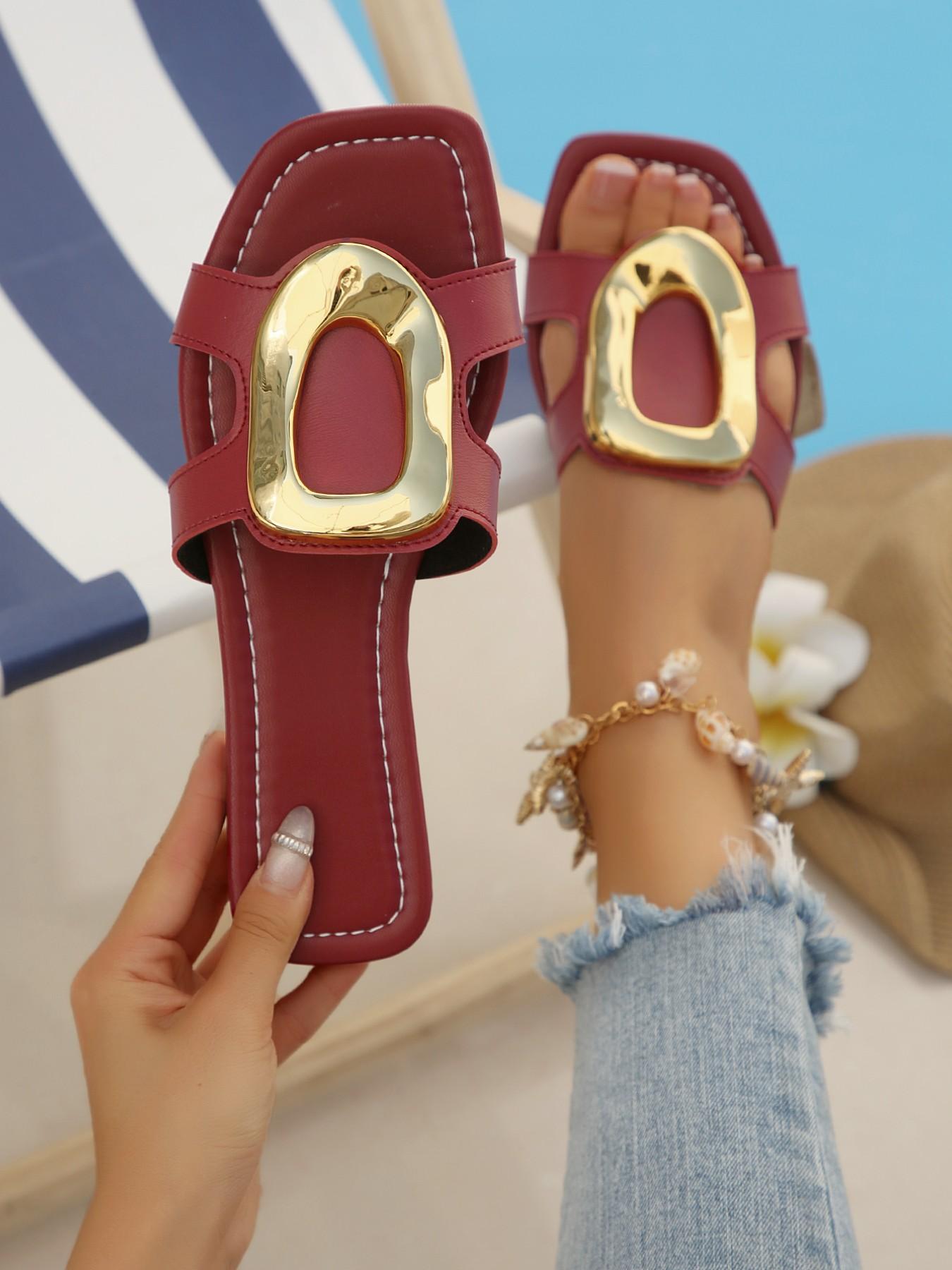 Summer New Square Toe Sandals for Women, Metal Buckle Flat Flip Flops, Beach Vacation Shoes, Anti-Slip Soft Sole, Outdoor Wear