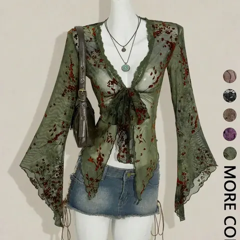 Women vintage style flared‑sleeve outer top, front tie‑up fasten, uneven hem, retro floral pattern, western‑inspired cropped design for daily out‑going and casual street styling