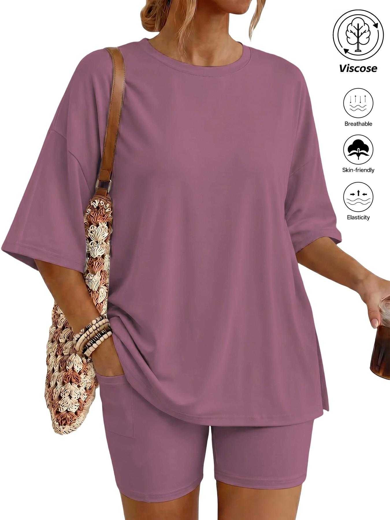 Women's Two Piece Lounge Set Matching, 2026 Summer Casual Basic Oversized Shirts & Biker Shorts, Fitted Plain Design, Perfect for Airport Travel Womenswear Clothes