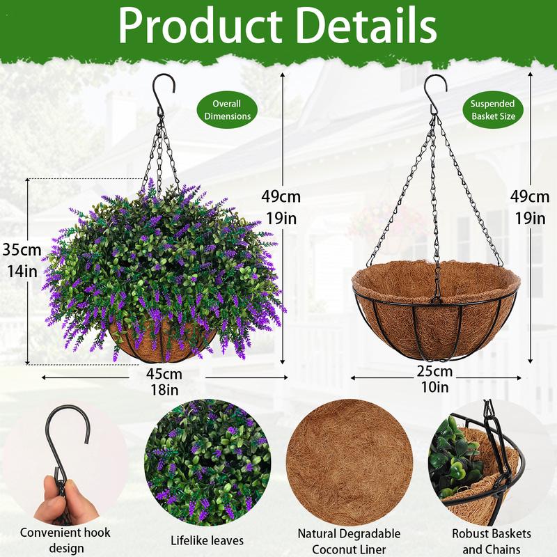 2sets hanging planters for outdoor plants with artificial flowers,2 coconut fiber hanging baskets, 60 artificial lavender flowers,for Summer and Spring Home Porch, Patio, and Terrace Decoration