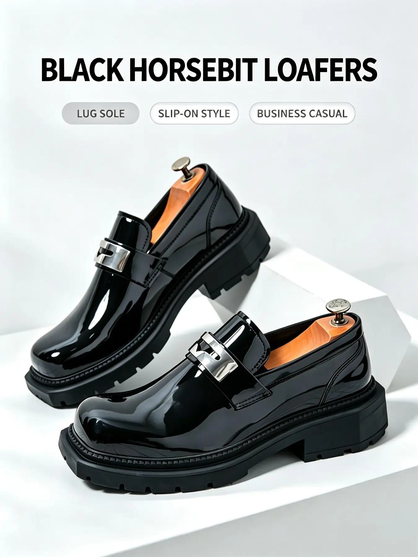 Men's Patent Leather Slip‑On Loafers, Metal Buckle Thick Lug Sole Platform Dress Shoes, Glossy Business Casual Loafers for Men Daily Party Office Wear