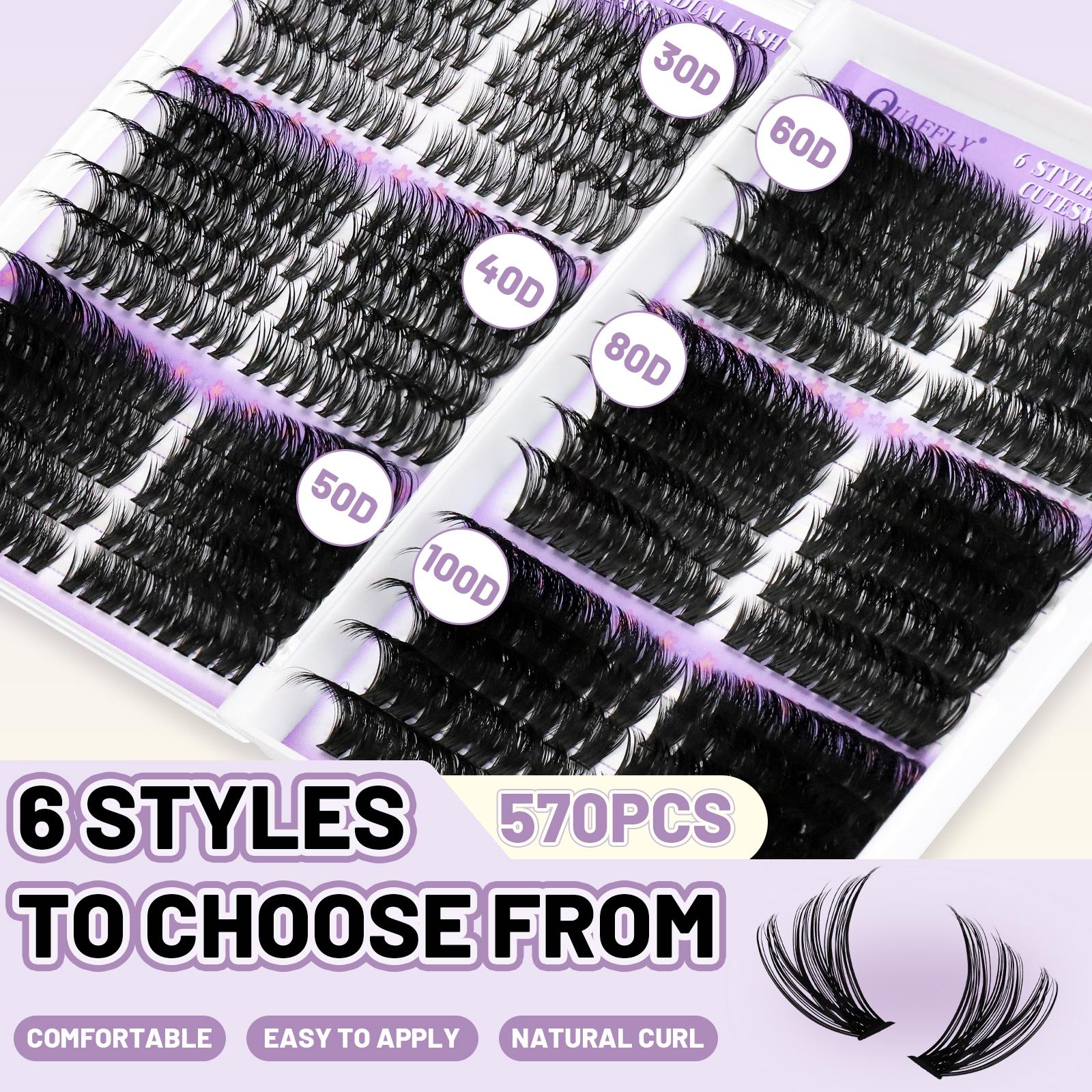 Lash Clusters Kit, 570 Pcs 6 Styles Eyelashes Clusters Extensions Kit 8-16mm Individual Lashes D Curl Thick Wispy Cosmetic False Eyelashes Thin Band, with Eyelash Extension Glue LashBond&Seal Tweezers Brush DIY At Home