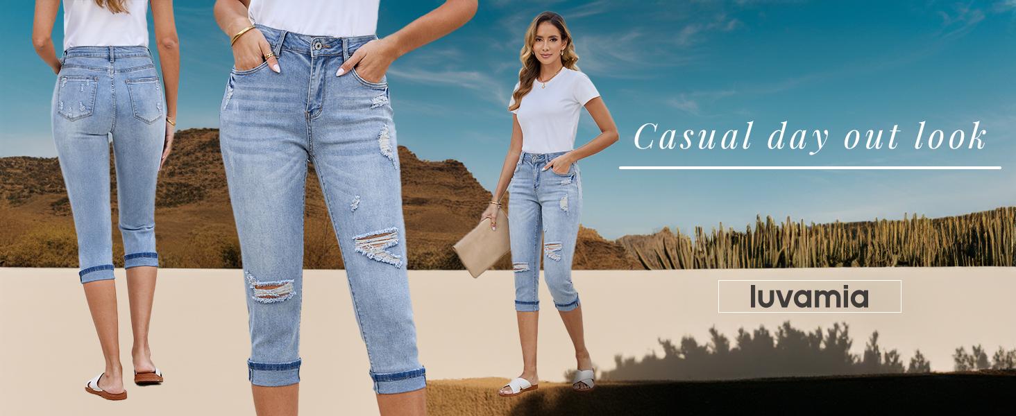 luvamia Denim Jeans for Women Stretch High Waisted Distressed Capris Ripped Skinny Cropped Pants Streetwear Bottom Pocket Womenswear Basic jeans for women luvamia Denim Jeans for Women Stretch High Waisted Distressed Capris Ripped Skinny Cropped Pants Streetwear Bottom Pocket Womenswear Basic jeans for women