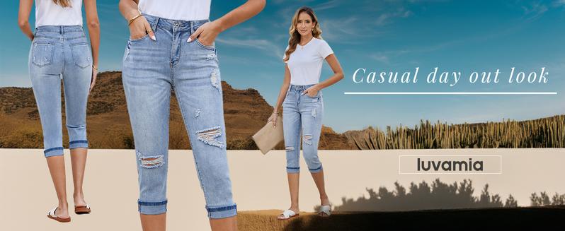 luvamia Denim Jeans for Women Stretch High Waisted Distressed Capris Ripped Skinny Cropped Pants Streetwear Bottom Pocket Womenswear Basic jeans for women