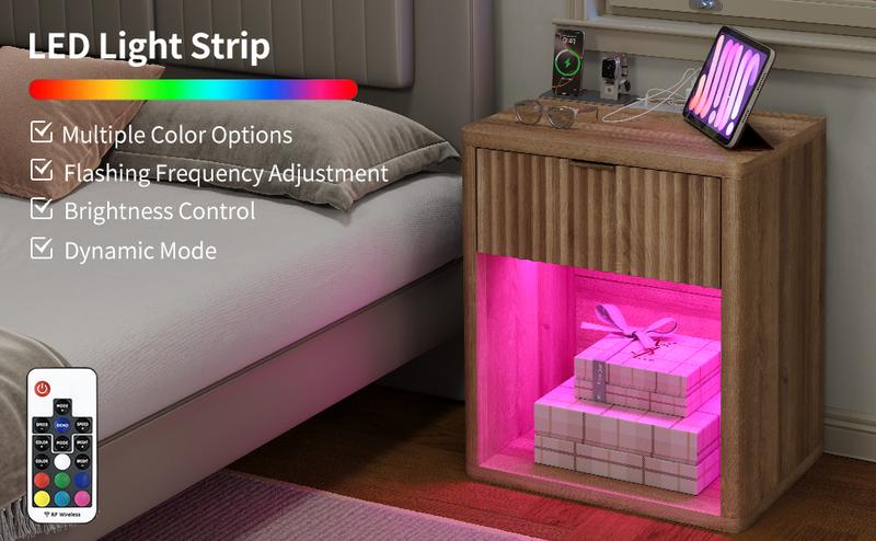 FUSOU Night Stand with Charging Station, Large LED Nightstand with Drawer and Storage Shelf, Lighting Modes Adjustable, Modern Deals for you Days Wood Nightstand Side Table End Table for Bedroom, Living Room, Oak