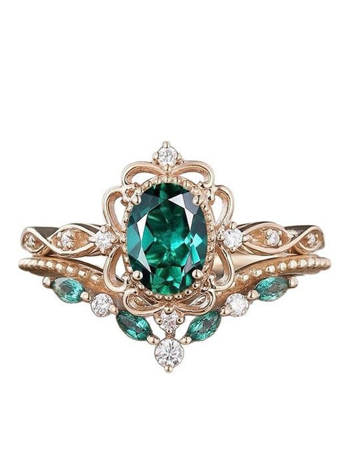 Trendy Emerald Zircon Ring, Sweet European Style Alloy Band, Zircon Wedding Rings, Rose Matching Set, Perfect for Thick Fingers