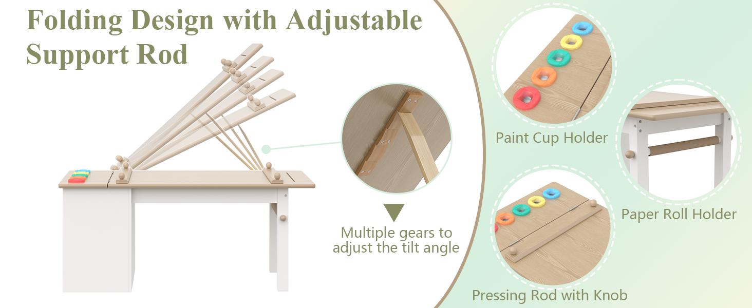 3 in 1 Kids Art Table and Chair Set, Art Desk & Easel w/ Storage Shelves, Drawers, Paint Cups, Paper Roll, Toddler Table and Chair Set w/ Bench & 2 Chairs for Draw, Write, Play, Crafts