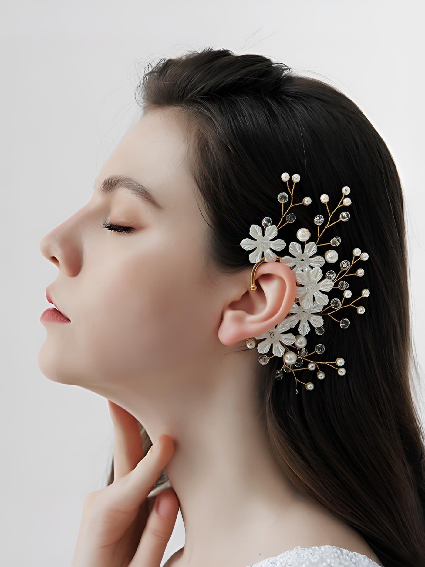 Elegant Flower Pearl Crystal Ear Clips, Handmade No-Piercing Earrings, Bridal Wedding Hair Accessories, Party Gifts