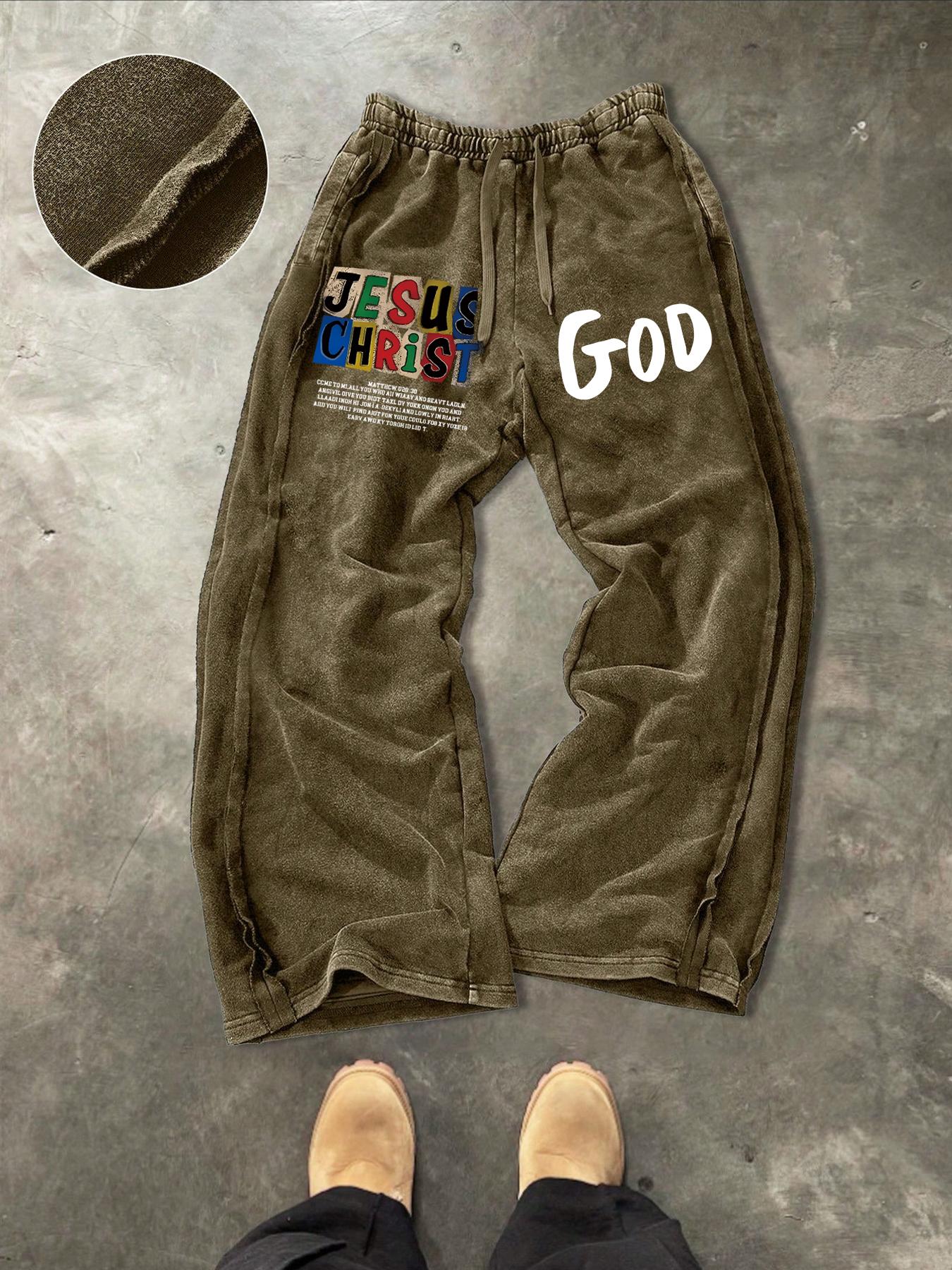 Men's Washed Cotton Sweatpants, Side Hem Stitching Long Pants, Jesus Print, Multiple Colors Available, Casual Fitted H-Type