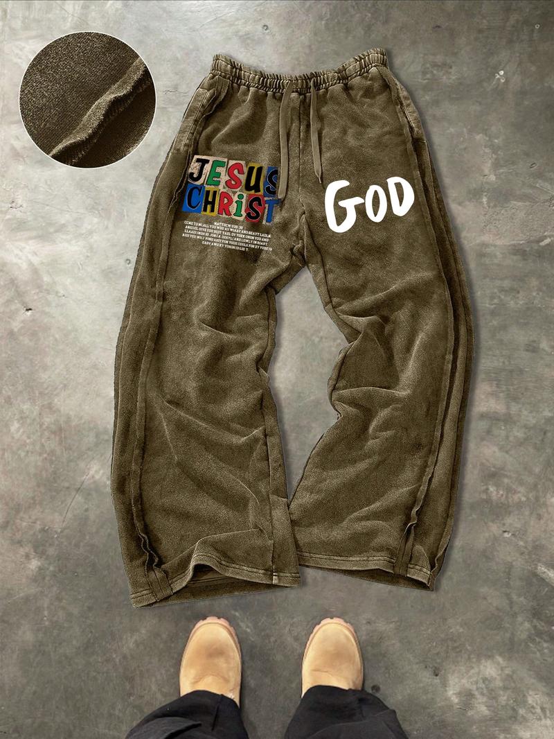 Men's Washed Cotton Sweatpants, Side Hem Stitching Long Pants, Jesus Print, Multiple Colors Available, Casual Fitted H-Type