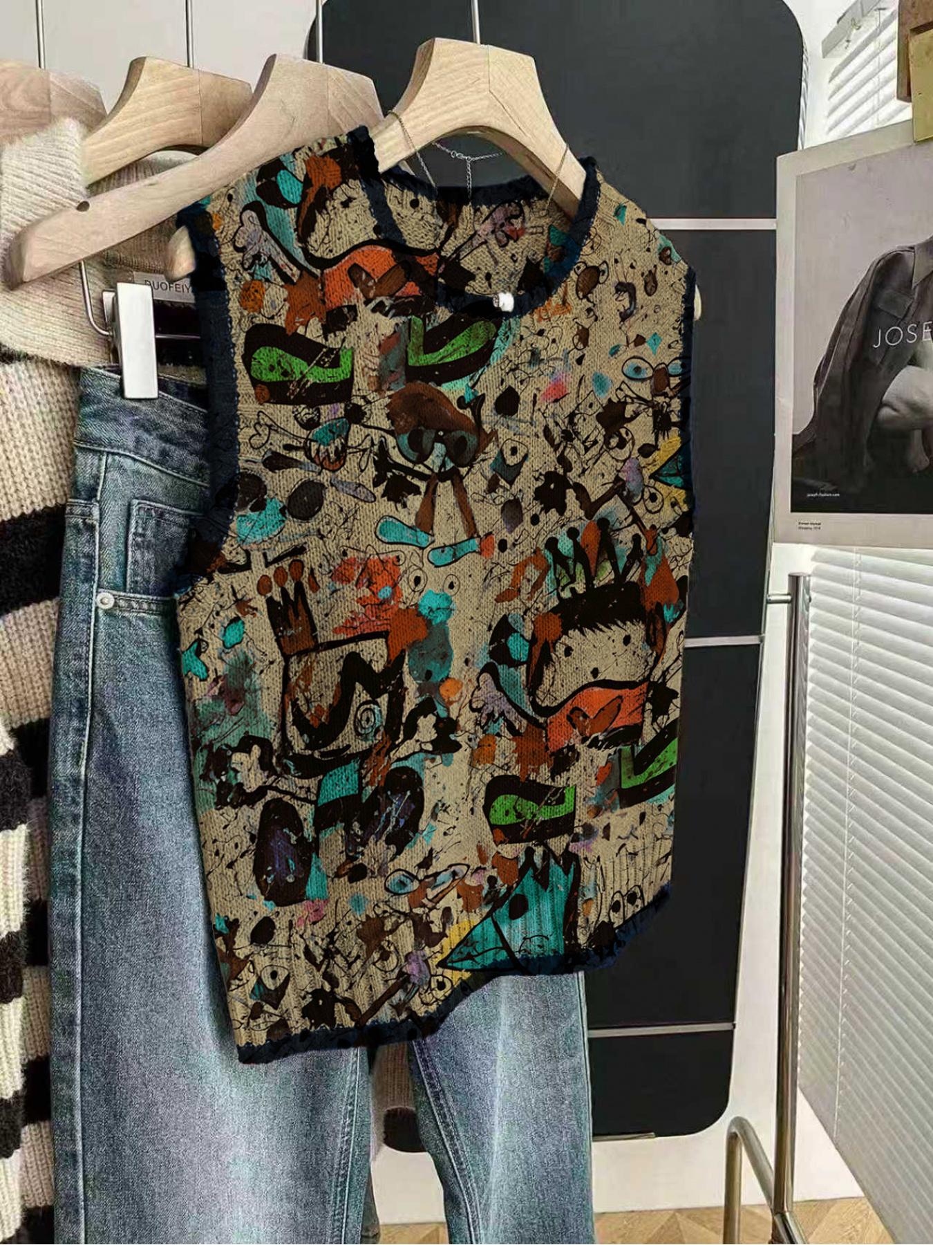 1 Piece Women's Loose Crew Neck Sleeveless Knit Top, Spring Summer Back to School & Casual Style, Dark Blue Trim, Contrast Cartoon Print, For Daily & Outdoor Wear, Vest-matching, Sleeveless Graphic Vest