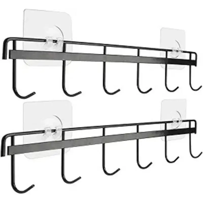 Black Adhesive Wall Rail Organiser with 6 Hooks - Damage-Free Hook Solutions, Non-Drilling Removable Wall-Mounted Rails, Space Saver for Kitchen/Bath Home Organization