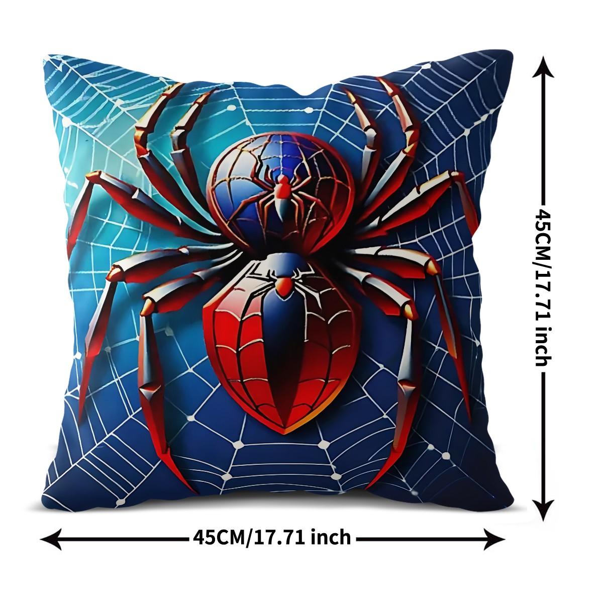 Large Spider Pattern Digitally Printed Throw Pillow (With Insert), 45cm Square Pillow, Featuring a Blue Sphere and Red Shield Design, Suitable for Sofas and Bedrooms, Eye-Catching and a Unique Cushion for Spider Enthusiasts.