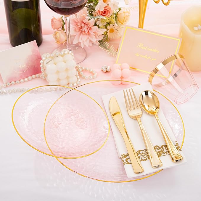 Gold/Blue/Pink/Yellow/Green Disposable Plates and Silverware Set: Dinner Plates,Dessert Plates, Cups,Napkins,Knife, forks, spoons 25 for each kind-Perfect for Party