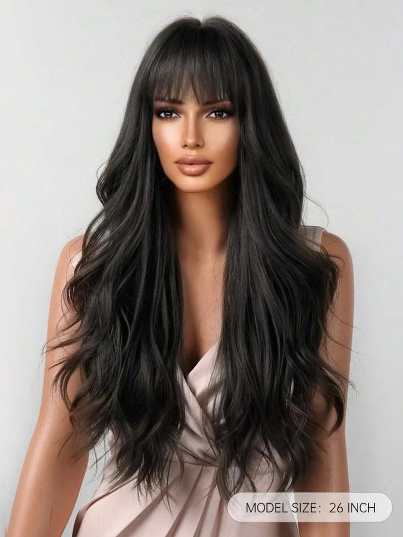 26 Inch Long Curly Wig with Bangs, Realistic Wave Style Synthetic Hair, Heat Resistant, Suitable for Girls Daily Wear and Party Decorations