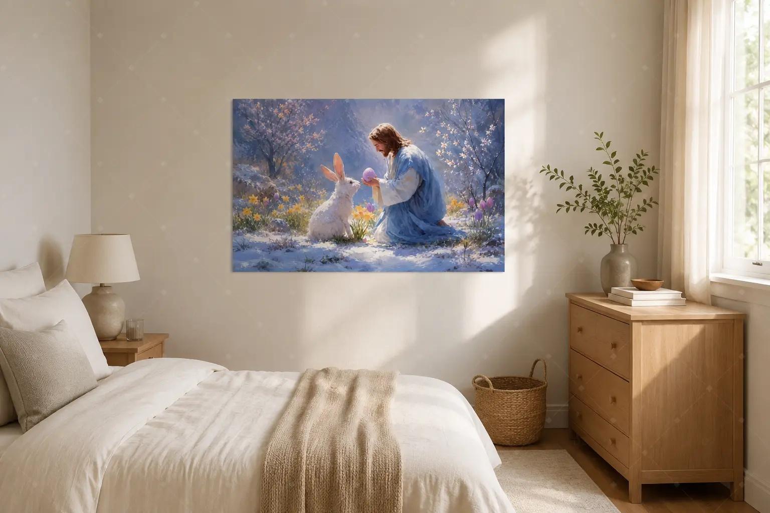 Easter Religious Gentle Scene Oil Painting Canvas Art poster wall decor, Faith Rabbit Easter Wall Decor Living Room Prayer Room Christian Warm Home Decor