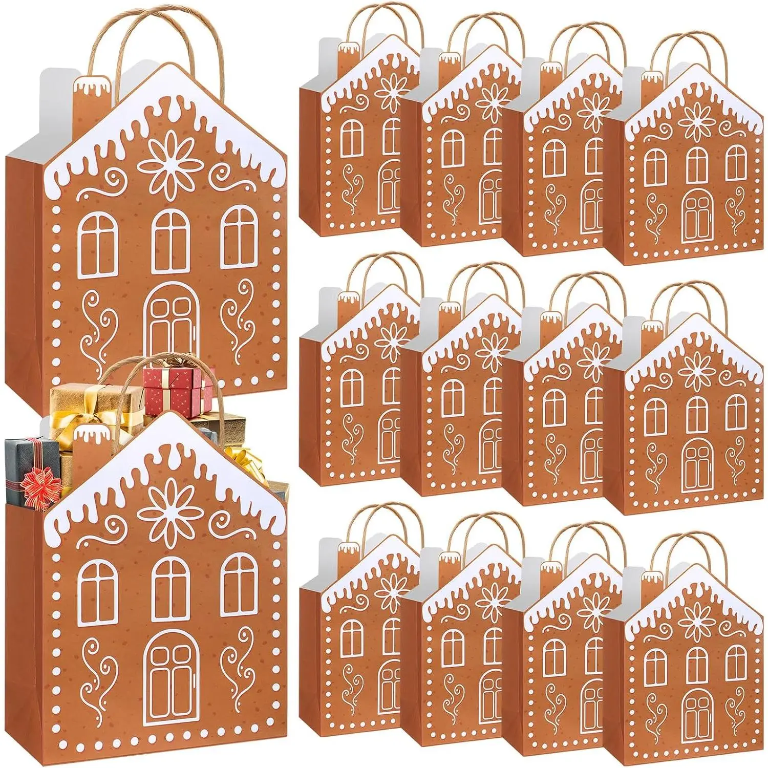 24 count  Christmas Gingerbread Paper  Bags with Handles  Gingerbread House Shaped Goodies  Candy Bags Bulk 10.6 x 3.1 x 7.1 Inch for Wrapping Holiday Xmas Party Favors