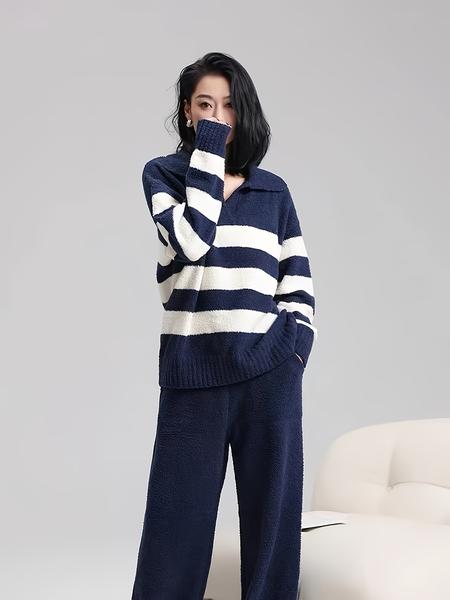 Women's Fall Winter Coral Fleece Striped Pajama Set, Long Sleeve Top and Pants, Loose-Fitting Casual Homewear, Outer Wear Sleepwear