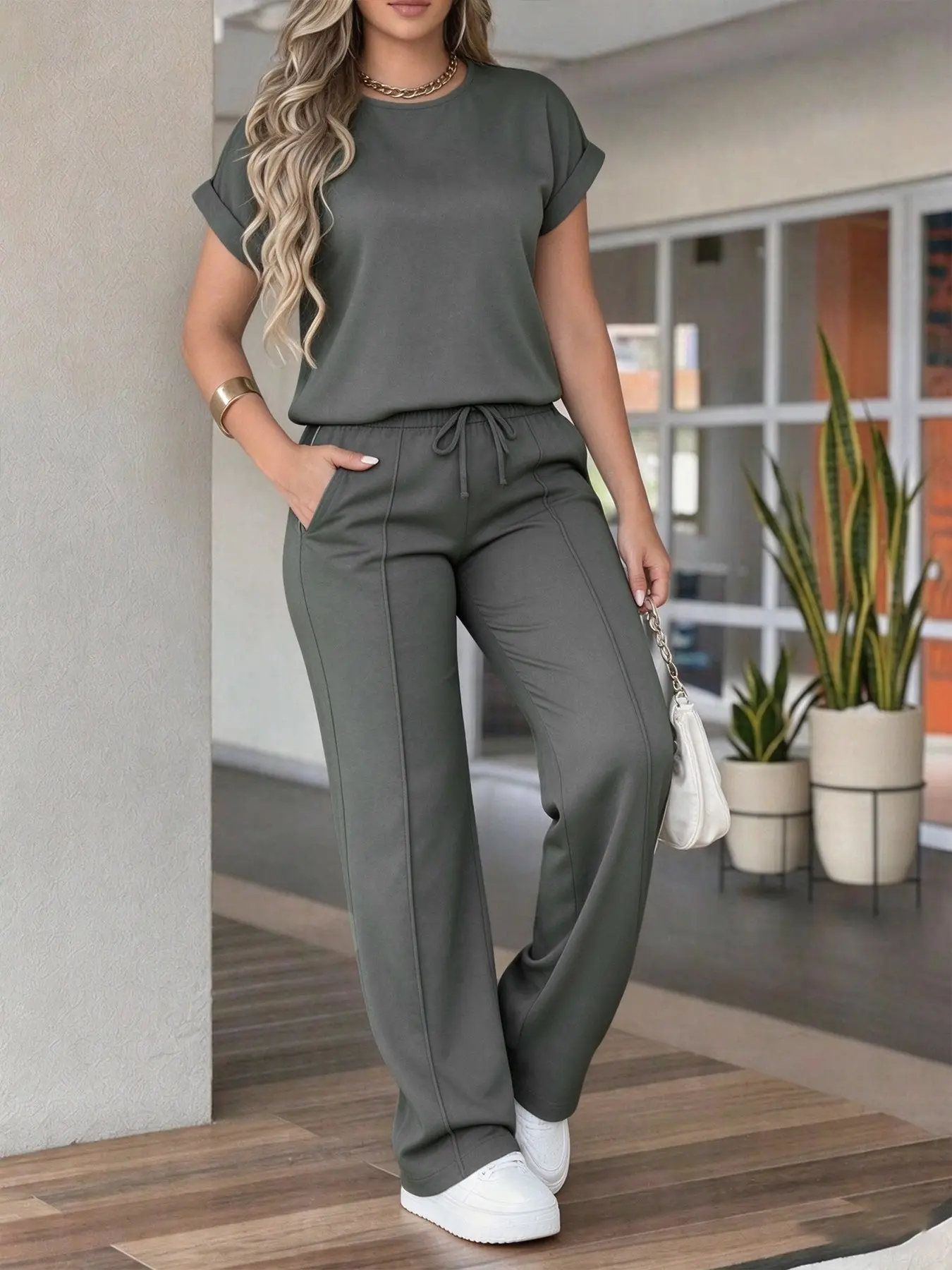 Minimalist Casual Two-Piece Set, Round Neck Turn-Down Short Sleeve Top, Button Back, Flowy Wide Leg Pants, Commuter Lazy Wear