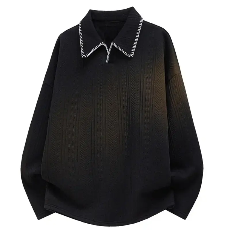 textured herringbone polo collar sweatshirt, black contrast stitching trim along collar, partial V neck placket, curved hem, loose oversized silhouette, soft embossed fabric, casual versatile long sleeve pullover for spring autumn daily layered outfits, E