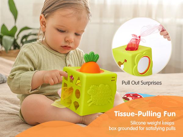 hahaland Baby Tissue Box Toy - Silicone Baby Toys 6-12 Months Montessori Toy for 6 Month Old - 6-in-1 Soft Busy Activity Cube with Scarves, Crinkle, Textures, Mirror, Sensory Popper - Gifts for Babies
