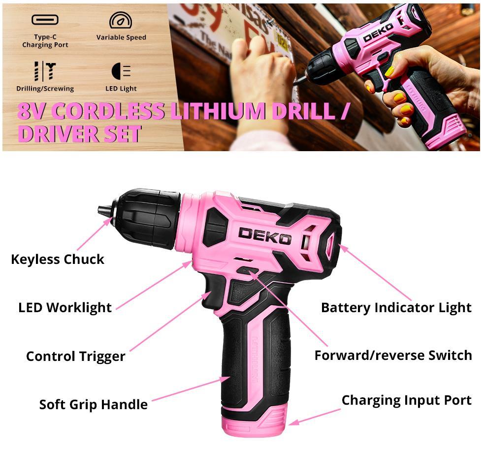126-Piece Pink Household Tool Set with 8V Cordless Drill, Rechargeable Battery, All-in-One Compact Tools kit, Christmas Gift, Ideal for Home Repairs & DIY Projects
