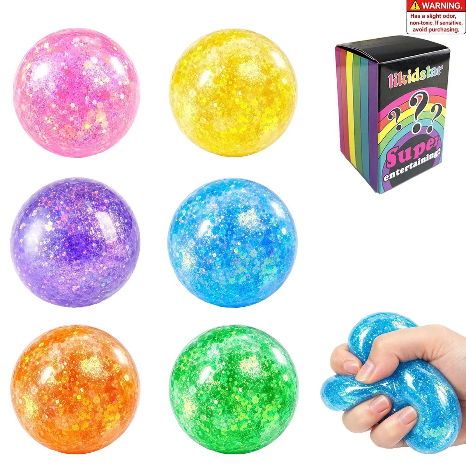 6 Pack Glitter Stress Balls, Soft Squishy Fidget Toys, Sparkle Squeeze Balls for Stress Relief and Anxiety Relief, Sensory Toys for Adults Teens, Portable Desk Toys for Relaxation, Focus and Gifts
